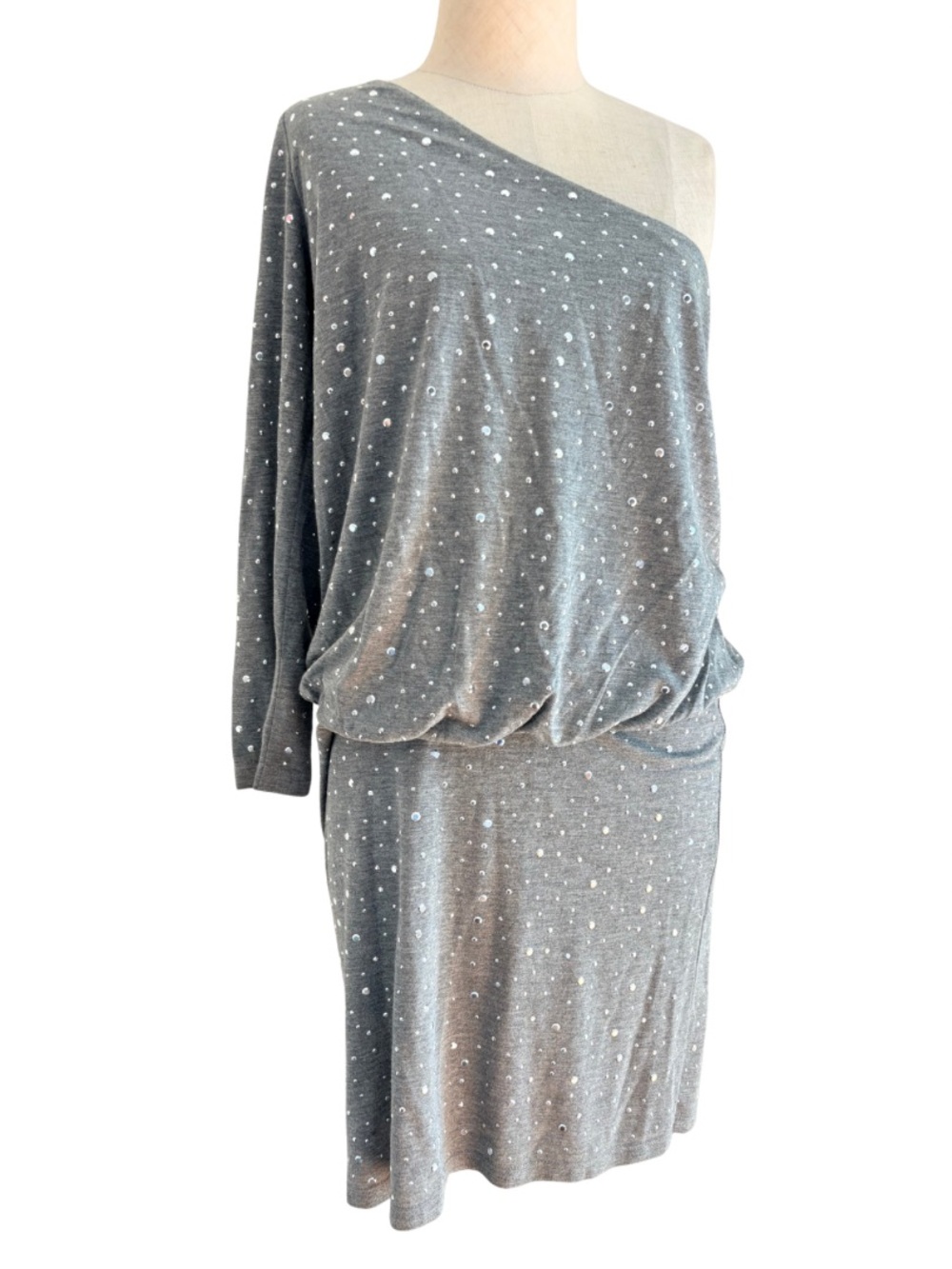 Y2k INC Women's Gray Rayon One Shoulder Off Long Sleeve Bodycon Silver Studded